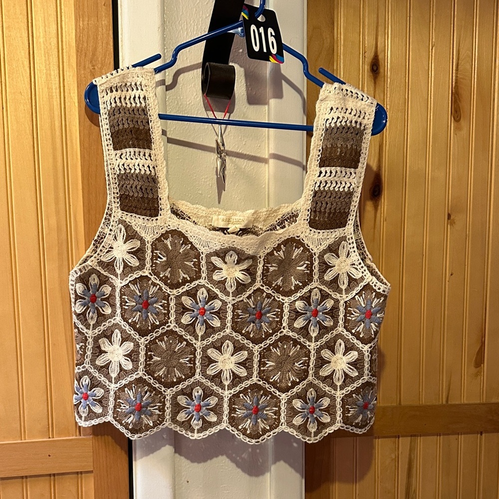 Rebellion Crochet Floral Crop Top - Cream and Brown
